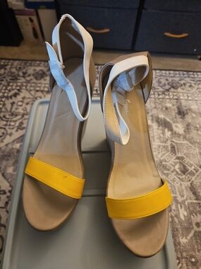 Ashley Stewart Yellow and White Ankle Strap Heels